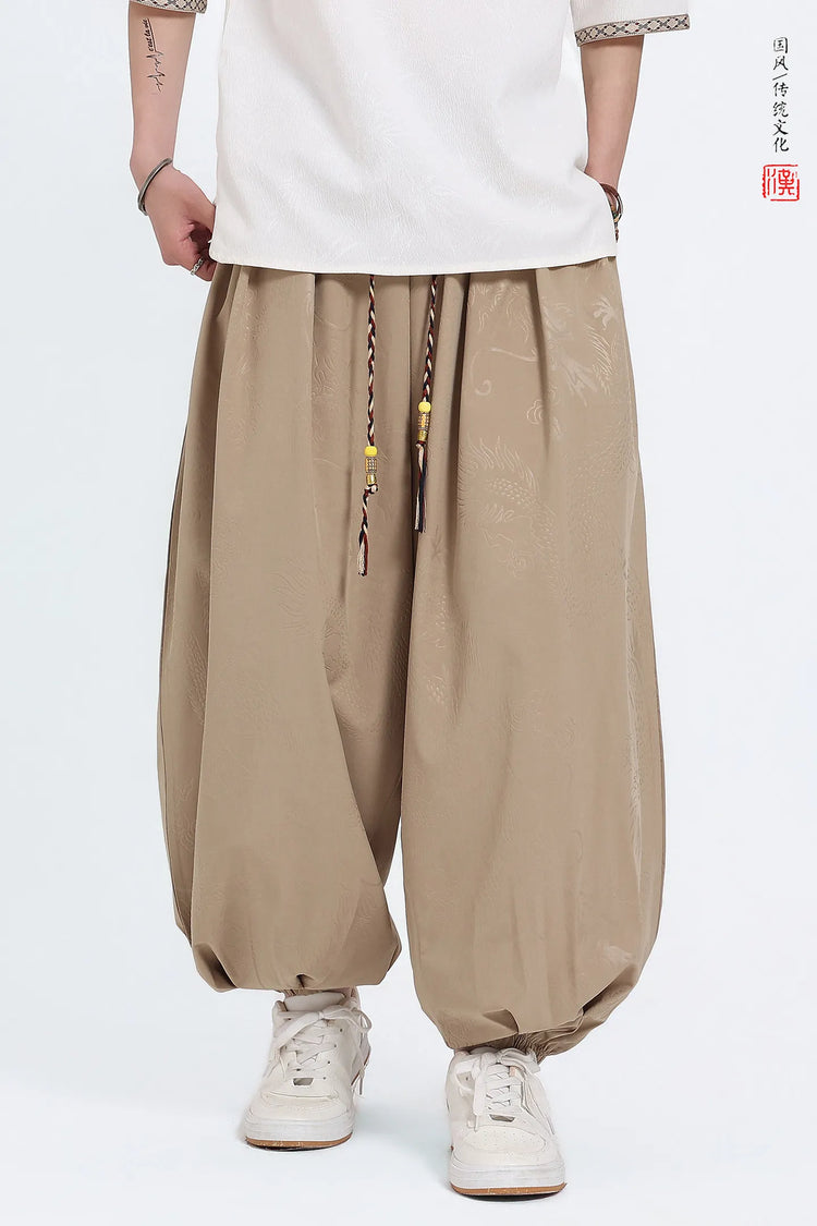 Pantaloni Estivi da Uomo Stile Cinese in Seta Ghiaccio con Motivo Drago Ukiyo-e, Comodi e Trendy, Pantaloni Casual Oversize da Uomo