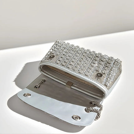 Fashionable Retro Diamond Studded Gold Chain Women's Crossbody Bag Handbag Dinner Bag Underarm Bag Single Shoulder Bag PlatiNum