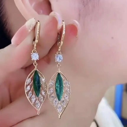 Green Shiny Zircon Flower Drop Earrings For Women Luxury Crystal Long Tassel Ear Line Hanging Earring Girls Wedding Jewelry Gift PlatiNum