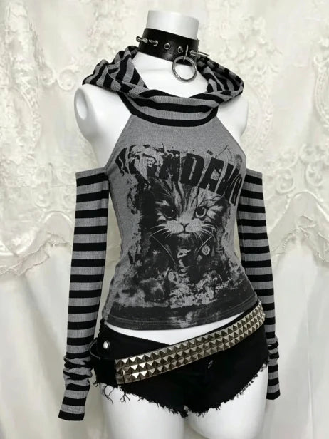 Japanese Gothic Vintage Punk Women Hoodie Striped Patchwork Cat Print Hollow Out Slim Long Sleeve Soft Pullovers 2025 Autumn New