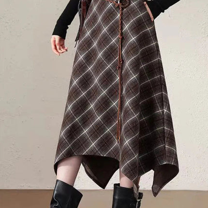 Women Faux Woolen Plaid Long Skirts Korean Vintage Belt Loose High Waist A Line Skirt Casual Fall Winter Irregular Retro Skirts PlatiNum