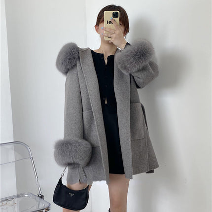 2024 New Oversize Ladies Outerwear Real Fur Coat Winter Jacket Women Natural Fox Fur Collar Cuffs Hood Cashmere Wool Woolen