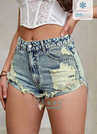 Women's High Rise Light Wash Destroyed Denim Shorts Casual Jeans Summer Fashion Must-Havefor Teen Girls Ripped Hem Jean Hotpants PlatiNum