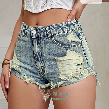 Women's High Rise Light Wash Destroyed Denim Shorts Casual Jeans Summer Fashion Must-Havefor Teen Girls Ripped Hem Jean Hotpants PlatiNum