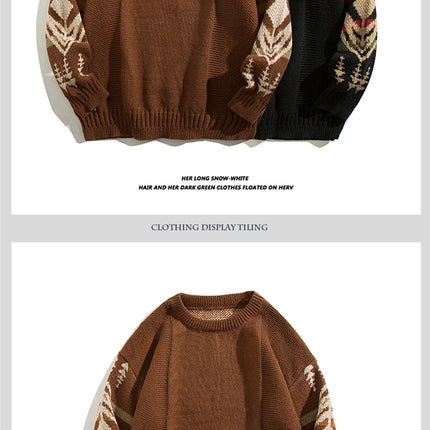 Autumn Men's Ethnic Style O-Neck Knitted Sweaters Y2K Vintage Streetwear Knitwear 2025 New Casual Pattern Printed pull homme