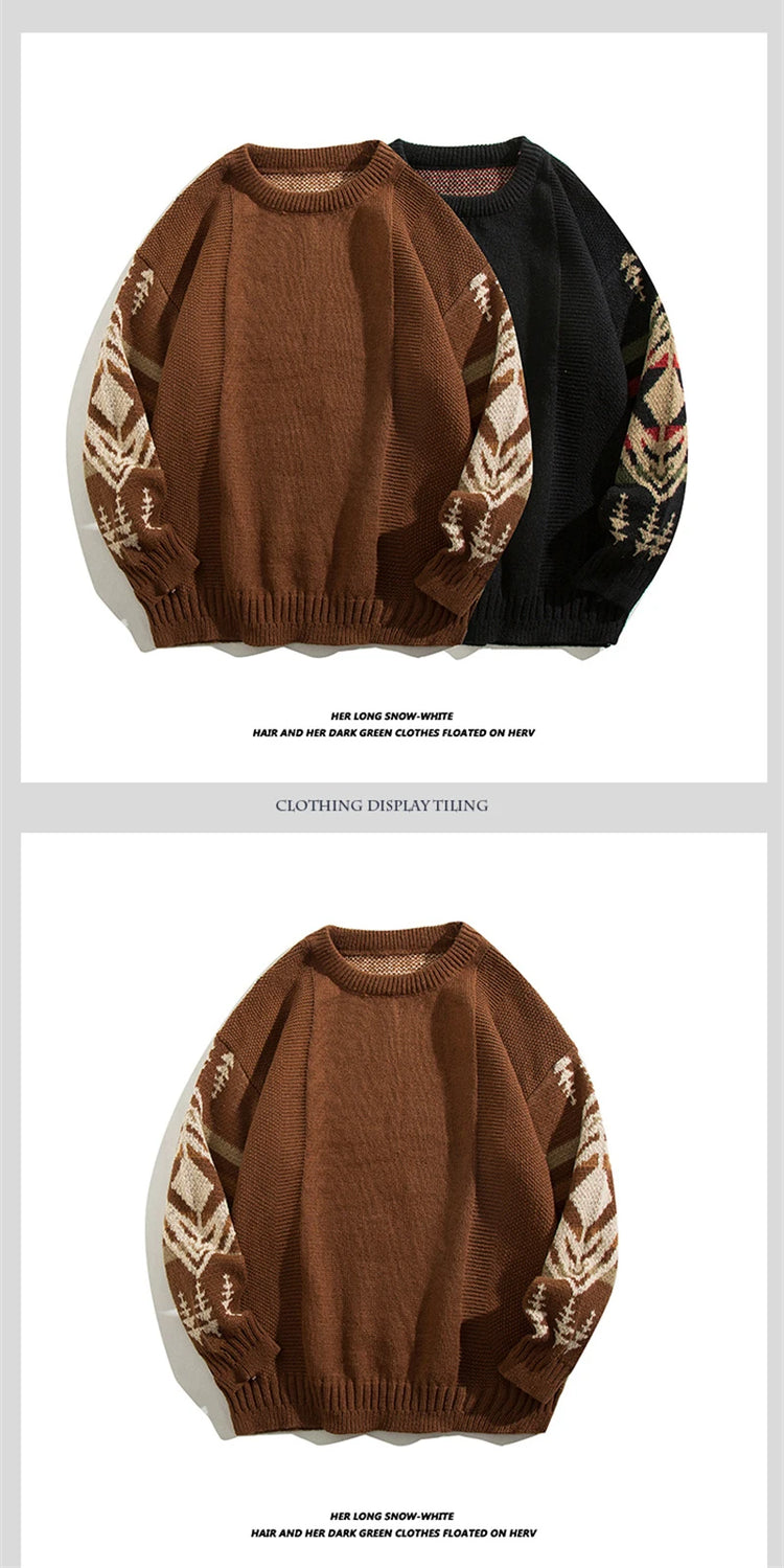 Autumn Men's Ethnic Style O-Neck Knitted Sweaters Y2K Vintage Streetwear Knitwear 2025 New Casual Pattern Printed pull homme