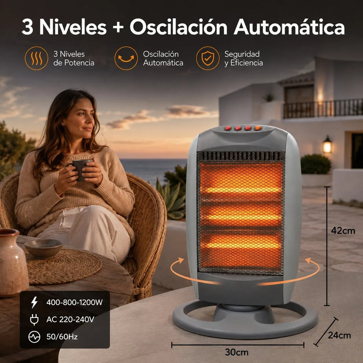 1200W Electric Halogen Heater with Automatic Oscillation and 3 Adjustable Power Levels, Portable Heater with Tip-Over Protection for Home and Office 30x24x42cm