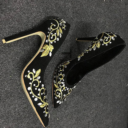 Bling Rhinestone Gold Silver Flower Embroidery Blade Heel Pumps Metal High Heels Crystal Black Suede Pointed Toe Woman Shoes