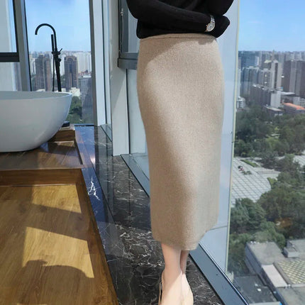 Quality Mink Cashmere Skirt Women's High Waist Slim Hip Skirt Chinese Cheongsam Knit Skirt Fashion All-Match Sweater PlatiNum