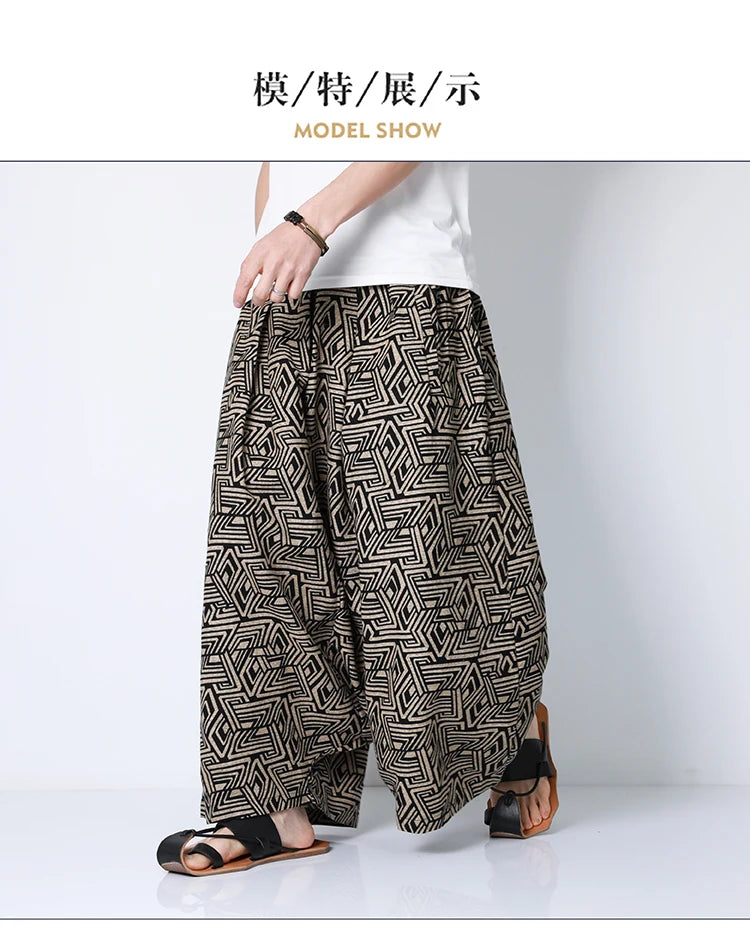 Pantaloni stile cinese uomo retrò Casual gamba larga pantaloni larghi Crossover cotone lino nuovi pantaloni grafici da uomo pantaloni Hip Hop M-5XL