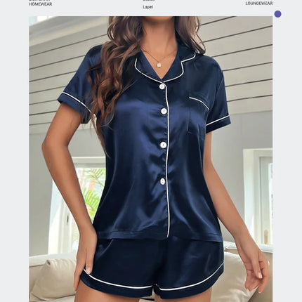 Pigiama da donna in raso di seta estivo Set Top e pantaloncini abbottonati 2 pezzi indumenti da notte colletto dentellato indumenti da notte Loungewear per le donne