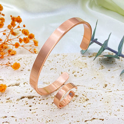 Set Bracciali e anelli in rame puro per donna Uomo Polsino semplice Braccialetti magnetici Artrite Salute Gioielli in rame massiccio platinumshop