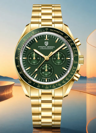 Nuovo orologio classico da uomo PAGANI DESIGN Orologio al quarzo di lusso verde dorato per uomo Cronografo sportivo con data automatica e cristallo AR in zaffiro Orologio da polso da uomo Spedizione locale