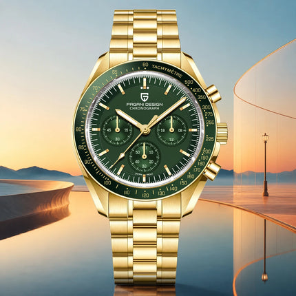 Nuovo orologio classico da uomo PAGANI DESIGN Orologio al quarzo di lusso verde dorato per uomo Cronografo sportivo con data automatica e cristallo AR in zaffiro Orologio da polso da uomo Spedizione locale