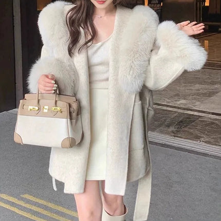 UCXQ Women Wool Coat Short Double Face Outerwear Hooded Luxury Fur Collar Cuff Loose Design Autumn 2026 New 23Z8631