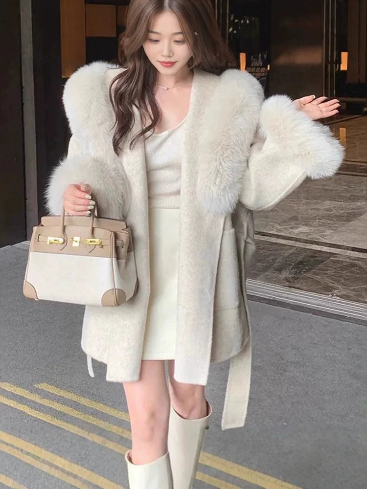 UCXQ Women Wool Coat Short Double Face Outerwear Hooded Luxury Fur Collar Cuff Loose Design Autumn 2026 New 23Z8631