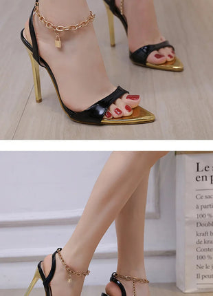 New Summer Sandals Women Fashion Gold Chain Ankle Strap Sexy Peep Toe Ladies Metal High Heels Sandals Woman Party Shoes Pumps PlatiNum