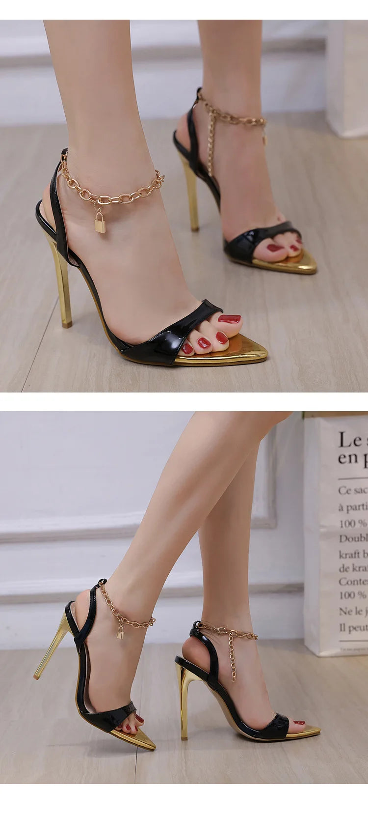 New Summer Sandals Women Fashion Gold Chain Ankle Strap Sexy Peep Toe Ladies Metal High Heels Sandals Woman Party Shoes Pumps PlatiNum