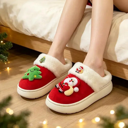 2026 Women Cute Santa Claus Plush Christmas Slippers Winter Warm Furry Fur Indoor Slippers Woman Platform Home Slides Girls Gift
