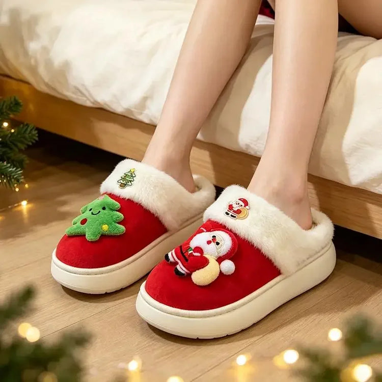 2026 Women Cute Santa Claus Plush Christmas Slippers Winter Warm Furry Fur Indoor Slippers Woman Platform Home Slides Girls Gift