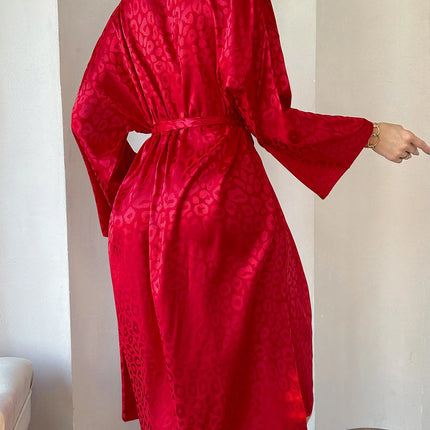 Vestaglia da notte con stampa leopardata, manica lunga, scollo a V, con cintura, pigiama da donna