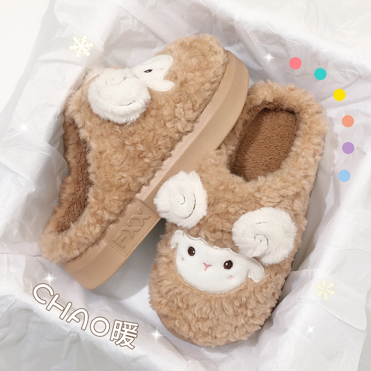 Cute Little Sheep Plush Slippers Women Winter Warm Thick Soft Sole House Shoes Indoor Fuzzy Non-Slip Comfortable Home Slides