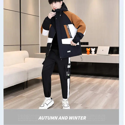 Men's Casual Wool Lined Thickened Hooded Set Fashionable Warm Sweatshirt Jacket Trendy Autumn Winter Men 2 Piece