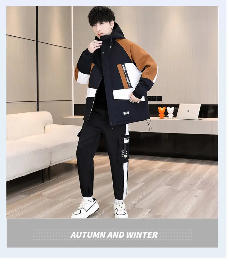 Men's Casual Wool Lined Thickened Hooded Set Fashionable Warm Sweatshirt Jacket Trendy Autumn Winter Men 2 Piece