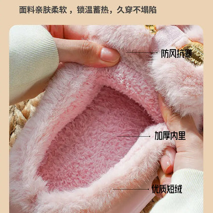 New Pink Bow Slippers Winter Women's Shoes Thick Sole Fuzzy Slippers for Home Mules Shoes Woman Fluffy Metal Bear House Slipper