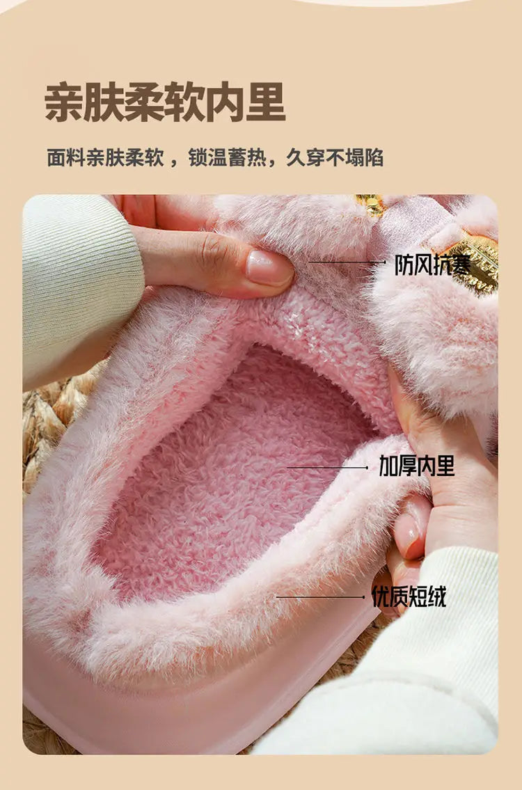 New Pink Bow Slippers Winter Women's Shoes Thick Sole Fuzzy Slippers for Home Mules Shoes Woman Fluffy Metal Bear House Slipper