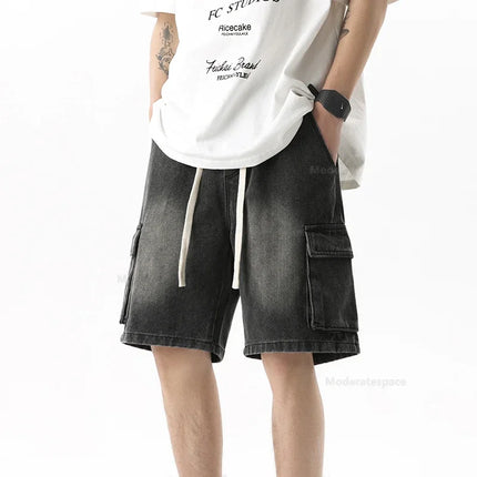 Pantaloncini di jeans alla moda retrò estivi per uomo Jeans corti multitasche larghi con gamba dritta con elastico in vita e coulisse da uomo