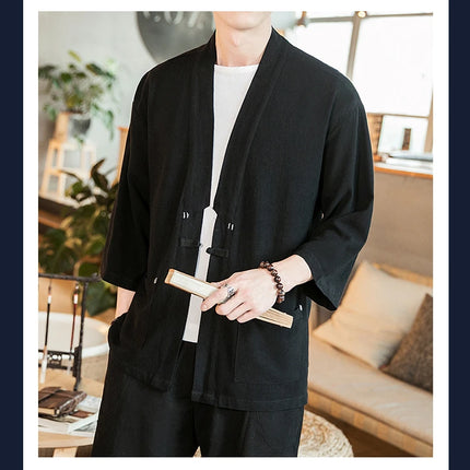 Kimono Camicia da uomo Samurai giapponese Cardigan tinta unita retrò Stile cinese Cotone Lino Yukata Haori Cappotto da uomo allentato Streetwear