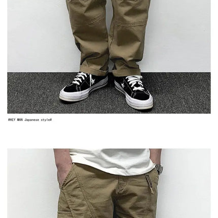 Autumn Men's Pants Multi-Pocket Cargo Pants Retro Solid Color Simple Loose Button Elastic Strap Casual Pants