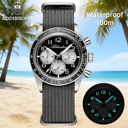 ADDIESDIVE Men's Chronograph Quartz Watch 37mm Bubble Glass 100m Waterproof Watches Ceramic Bezel BGW9 Luminous Sport Wristwatch