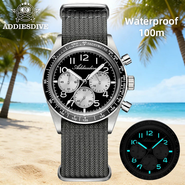 ADDIESDIVE Men's Chronograph Quartz Watch 37mm Bubble Glass 100m Waterproof Watches Ceramic Bezel BGW9 Luminous Sport Wristwatch