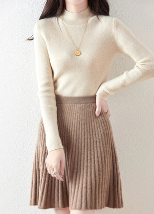 Preppy Style women's 100% Merino Wool Skirts Autumn Winter Pleated Skirt Cashmere Knitwear Short A-Line Above Knee Skirt PlatiNum