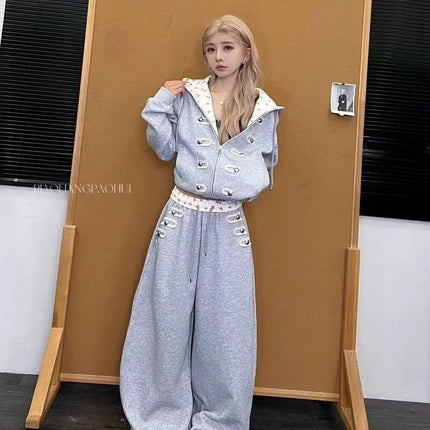 Coquette Zip Up Hoodie Women Decorative Double Row Metal Buttons Floral Print Lined Loose Fit Y2K Casual Streetwear Sweatshirt