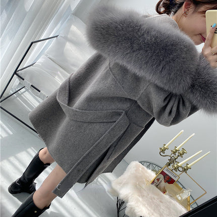 2024 New Oversize Ladies Outerwear Real Fur Coat Winter Jacket Women Natural Fox Fur Collar Cuffs Hood Cashmere Wool Woolen