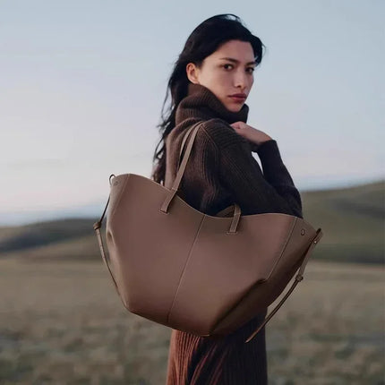 Grande borsa tote in pelle morbida con bordo regolabile, manici lunghi, borsa capiente per lavoro e shopping quotidiano