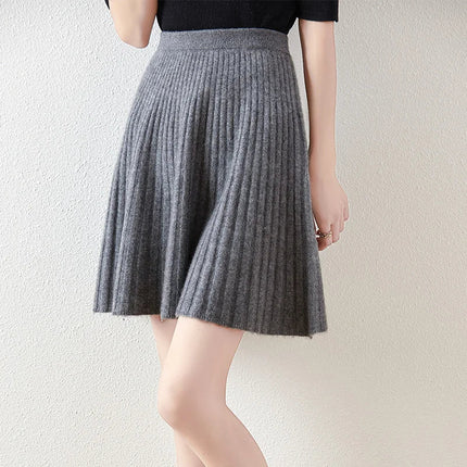 Korean Skirt 100% Merino Wool Women's Knitted Mini Skirt Autumn and Winter Women's Fashion Solid Color Small Umbrella Skirt PlatiNum