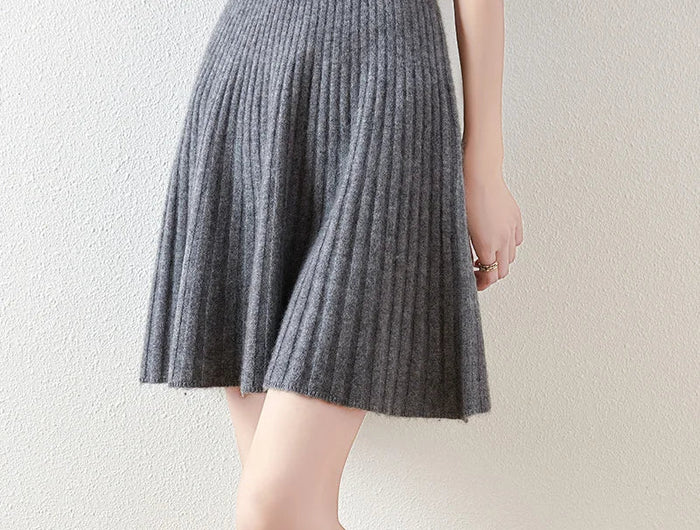 Korean Skirt 100% Merino Wool Women's Knitted Mini Skirt Autumn and Winter Women's Fashion Solid Color Small Umbrella Skirt PlatiNum