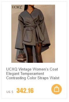 UCXQ Elegant Woolen Coat Temperament Office Lady Overcoats Fur Patchwork Long Sleeve Beautiful Women's Coats 2025 Winter New