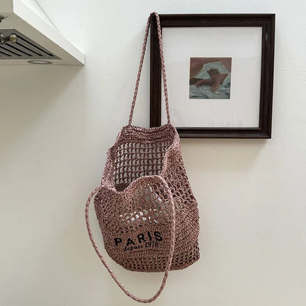 Hylhexyr Women's Letter Embroidered Shoulder Bag Woven Straw Bag Large Capacity Empty Holiday Beach Bags