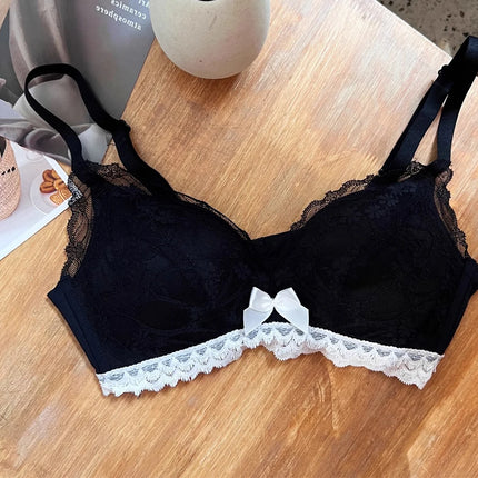 French Lace Bra Wireless Push Up Bralette for Small Bust Adjustable Straps Anti Sagging Support Sexy Lace Up Lingerie Panty Set