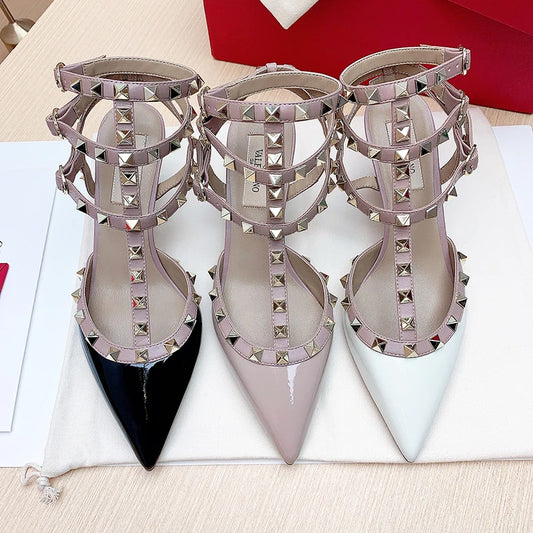 Three straps Rivet Heeled sandals luxury Women's Gladiator sandals summer Brand Slingbacks High Heels designer party Ladies Shoe
