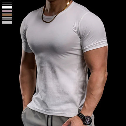Men's gym fitness workout clothing slim fit short sleeve breathable high elasticity sports T-shirt, running sports