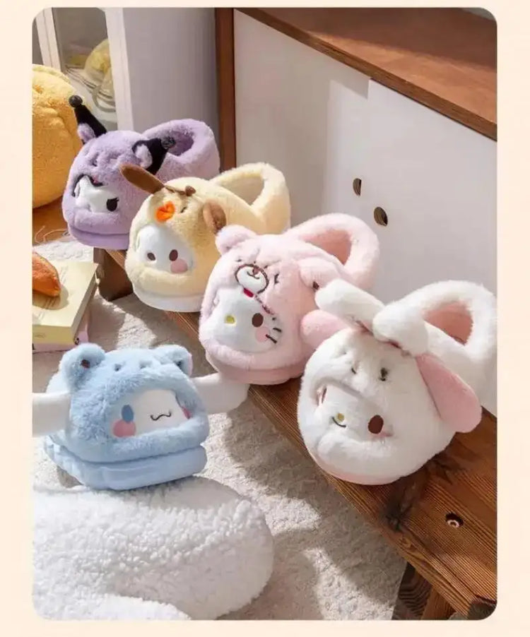 Anime Winter Plush Slippers Kuromi Hello Kitty Cinnamoroll Sanrioed Kawaii Cartoon Cute Indoor Thicken Warm Home Slippers