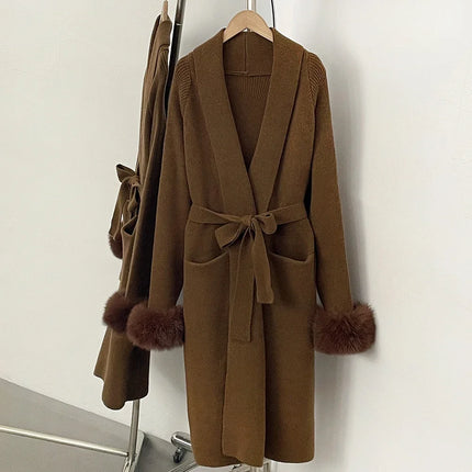 OFTBUY New Winter Long Belted Clothes Outerwear Women Knit Cardigan Real Fox Fur Cuffs Shawl Collar Wrap Knitted Coat Female