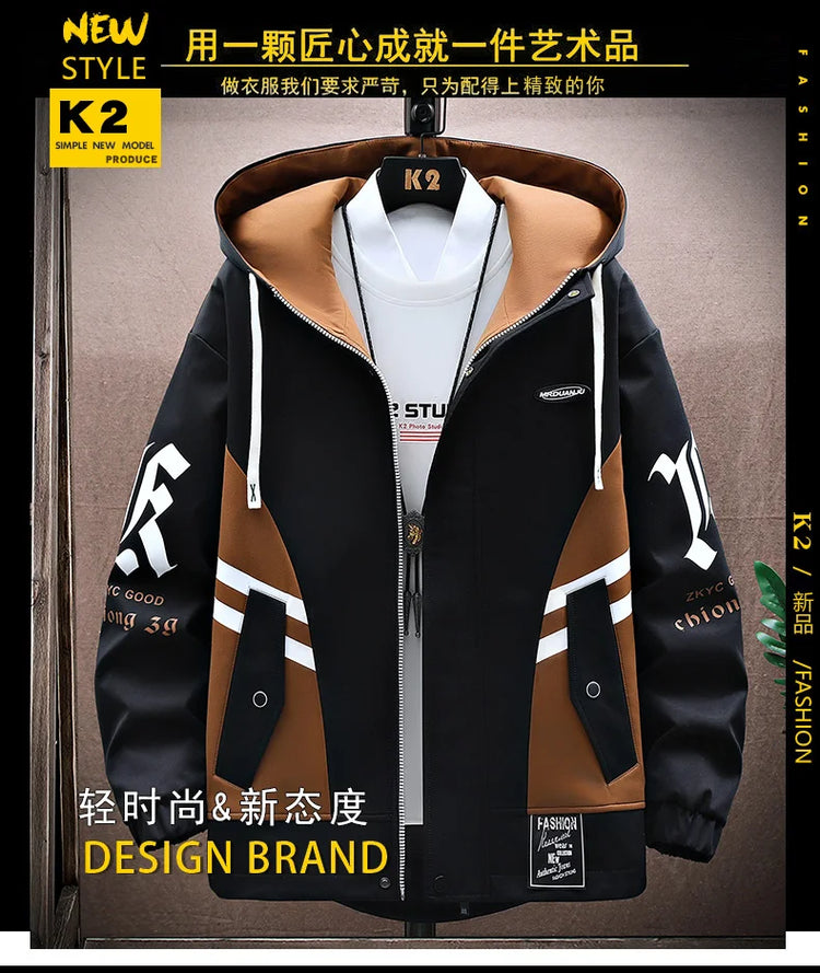 Men's Casual Hooded Jackets Autumn Patchwork Thin Coats Outwear Top Windbreaker Streetwear Clothing Plus Size