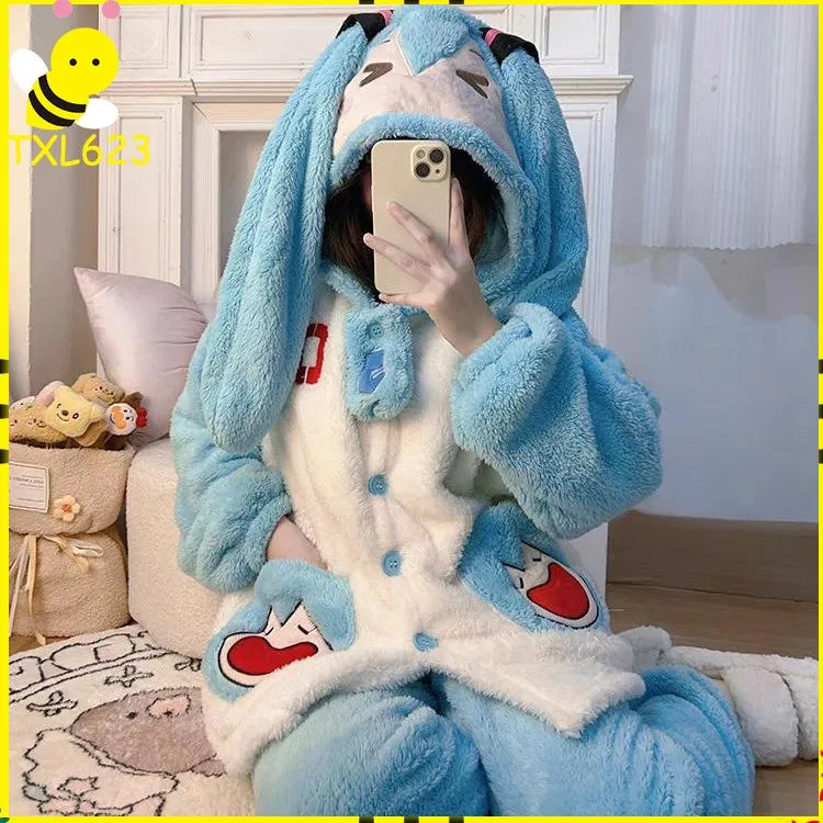 Miku Women's Winter Pajamas Set 2pcs Coral Fleece Thickened Warm Sleepwear Cute Loungewear Homewear for Comfortable Nightwear